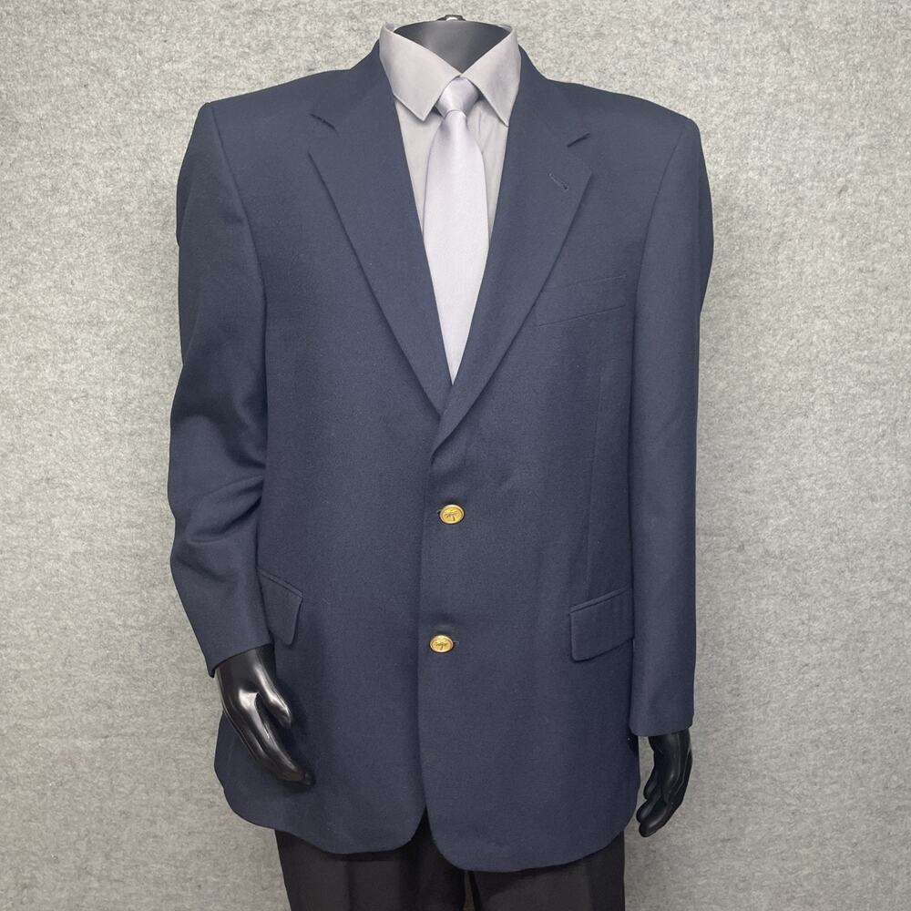 Vtg Palm Beach Mens 44R Navy Blue Blazer Sport Coat Gold Buttons Wool Blend Prep